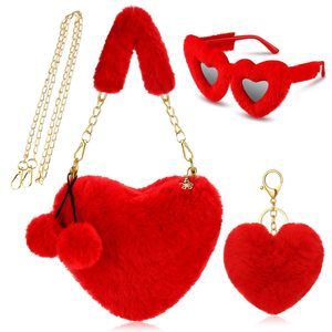 3 Pcs Furry Heart Shaped Gifts Fluffy Faux Fur Crossbody Chain Shoulder Bag -_-